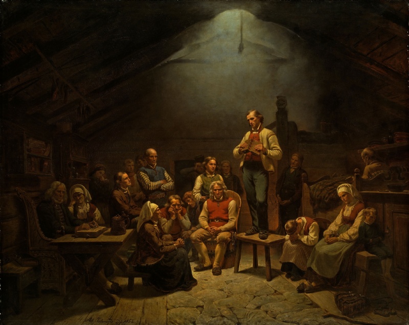 Smokehouse with people <i>not</i> drinking beer. Painting by Adolph Tidemand. 